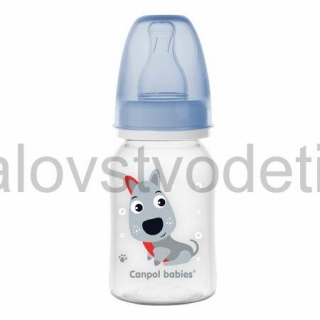 Canpol babies Fľaša s úzkym hrdlom 120 ml HAPPY ANIMALS modrá
