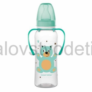 Canpol babies Fľaša s úzkym hrdlom a držadlami 250 ml CUTE ANIMALS zelená